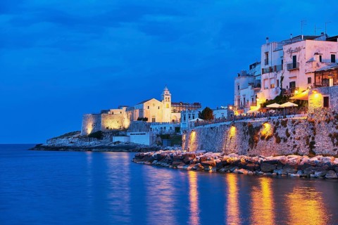 Punta San Francesco with illuminated church of San Francesco and old town at blue hour