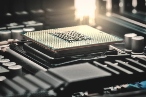 Close-up of a computer processor on a motherboard