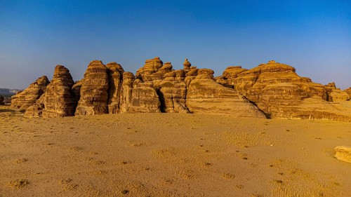 Aerial of beautiful rock formations in the Unesco site Maidain Saleh or Hegra