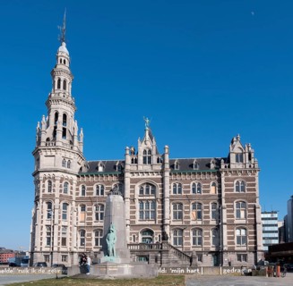 Monument to killed Belgian seamen in front of government building Loodswezen on the banks of the Scheldt