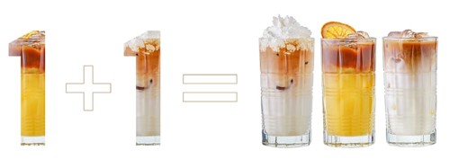 Concept of discount or bonus for drinks. Buy two and get three. Refreshing cold drinks with coffee