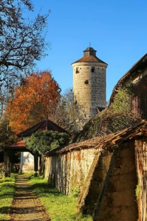 The historic old town of Isny im Allgaeu with a view of the Diebsturm. Isny im Allgaeu