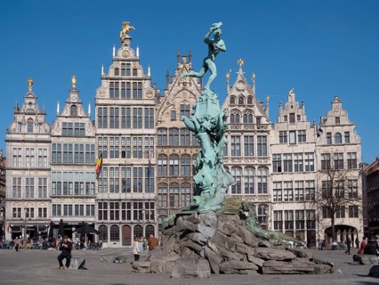 The Brabo Fountain and facades of the Guild Houses on the Grote Markt