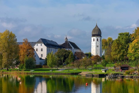 Bell tower of the Frauenwoerth Monastery Church and Abbey