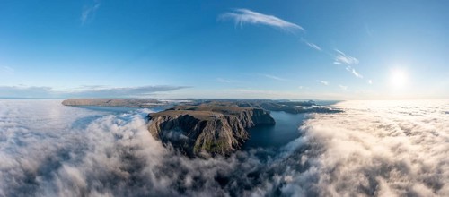 Panorama of the cliffs of the North Cape with foggy atmosphere