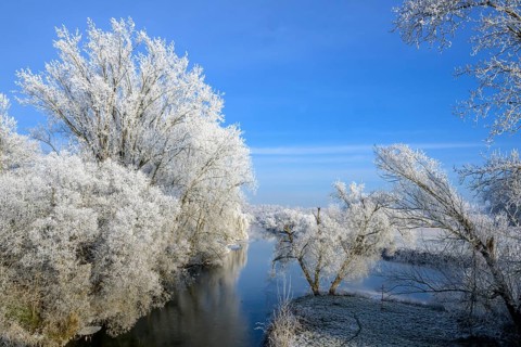 River landscape with hoarfrost and ice