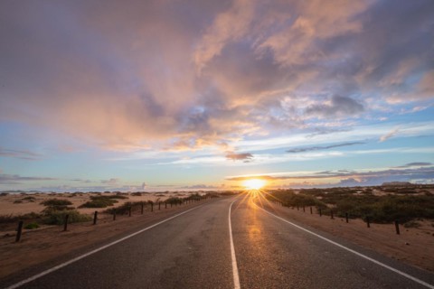 Empty asphalt road through the desert or dunes. Sunrise over the road
