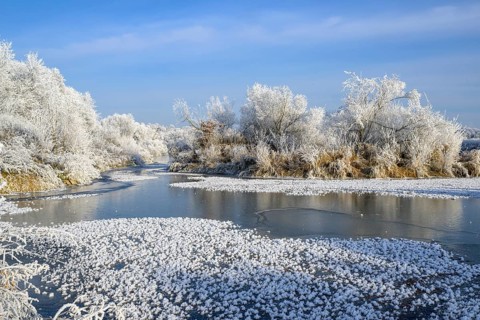 River landscape with hoarfrost and ice