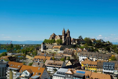 View from the Eckhartsberg on the old town with the Romanesque St. Stephen's Minster and the Rhine