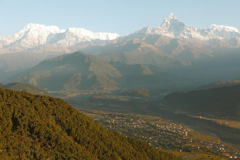 View of the Annapurna mountain range in the Himalayas from Sarangkot