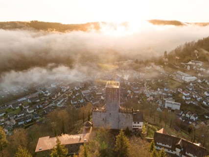 Liebenzell Castle at sunrise with fog