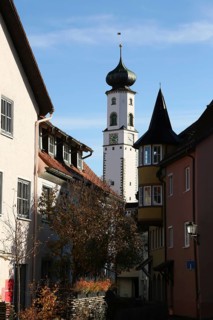 The historic old town of Isny im Allgaeu with a view of the Blaserturm. Isny im Allgaeu