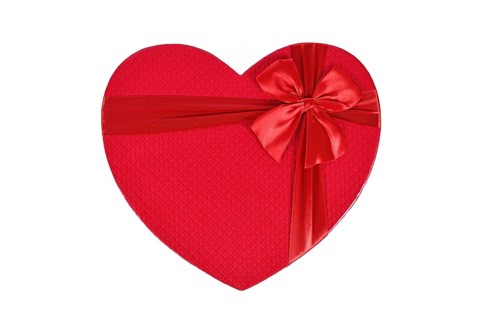 Top view of red heart shaped Valentine's day gift box on white background