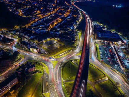 Night over Penn Inn Flyover and Roundabout in Newton Abbot from a drone
