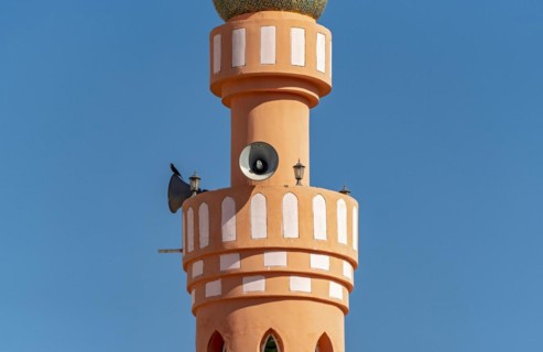Close-up of Minaret of Islamic Mosque with megaphone