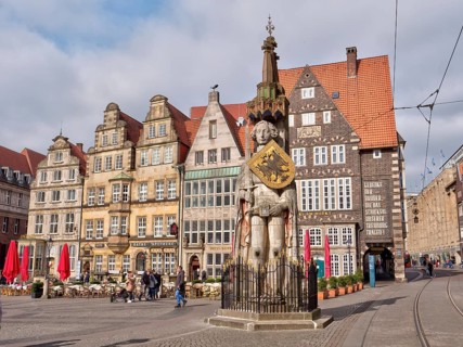 Bremen market square with the surrounding old buildings of the old town and with UNESCO World Heritage Site Bremer Roland