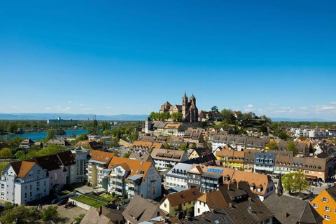 View from the Eckhartsberg on the old town with the Romanesque St. Stephen's Minster and the Rhine