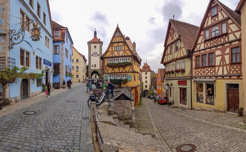 Medieval historic half-timbered houses at Historisches Viertel Ploenlein with Siebersturm