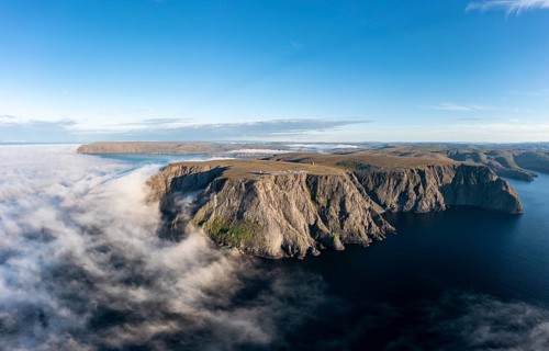 Panorama of the cliffs of the North Cape with foggy atmosphere