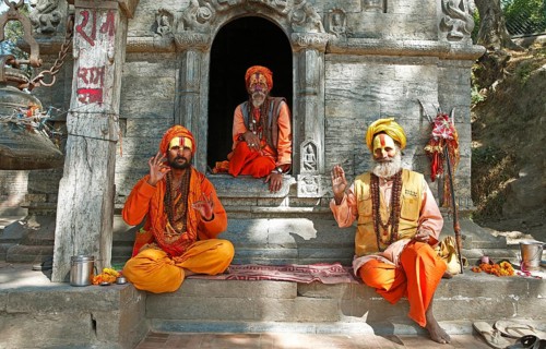 Praying sadhus in a shrine