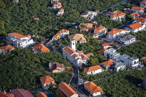 Church and houses between banana plantations from above