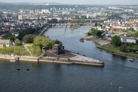 Deutsches Eck with Kaiser Wilhelm I monument and cable car cabins at the confluence of the Moselle and Rhine