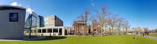 Panoramic photo of the modern architecture of the Van Gogh Museum building and park Museumplein