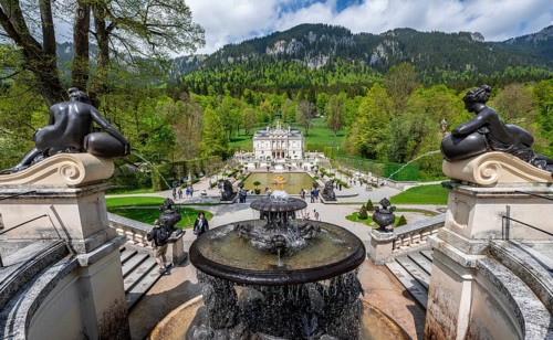 Royal Villa Linderhof Palace with fountain at the Temple of Venus