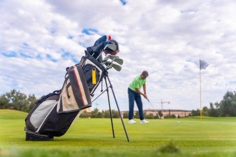 Caucasian professional golf player on the green preparing for the shot next to the fairway carrying bags