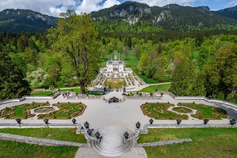 Royal Villa Linderhof Palace with fountain and terraced gardens