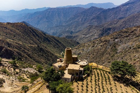 Aerial of fortified house and a coffee plantation