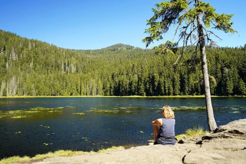 A woman sits on the shore of the Grosser Arbersee
