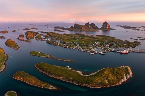 Aerial view of Traena Island in the evening