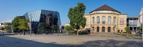 Panoramic photo of the University Library and the City Theatre