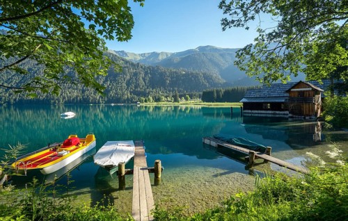 Rowing boats and boathouse with trees