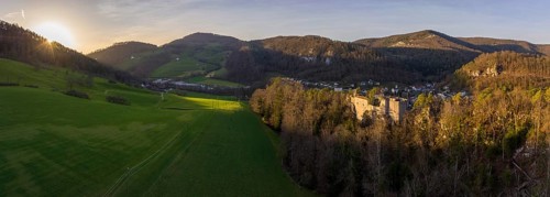 Ruined castle at sunset in the valley of the Birs
