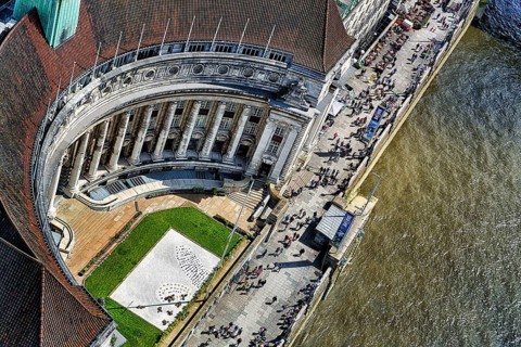 View from above County Hall and pedestrians on the Thames