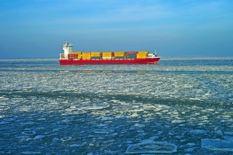 Container freighter on the Lower Elbe near Cuxhaven