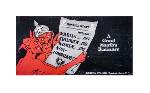 English cartoon showing the devil and German soldier looking at monthly report with numbers of killed innocent civilians