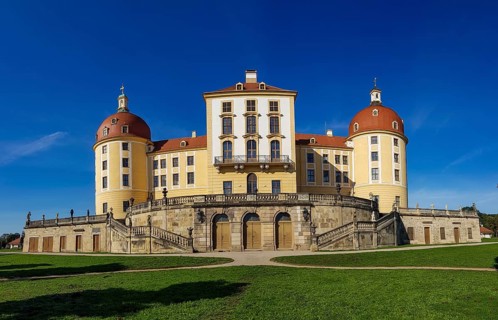 Panorama photo Hunting and Baroque Castle Moritzburg in the middle of Castle Pond Lake
