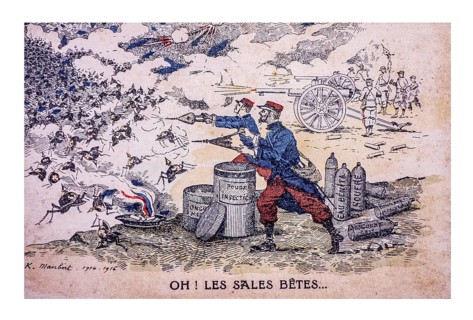 Vintage WWI cartoon showing French First World War One soldiers fighting Germans depicted as bugs
