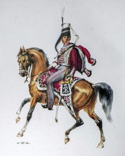 Hussar officer on horseback in uniform of the 1845 Bluchersches Huzaren regiment