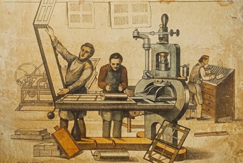 19th century typesetter and printers working with Stanhope cast iron printing press in print shop