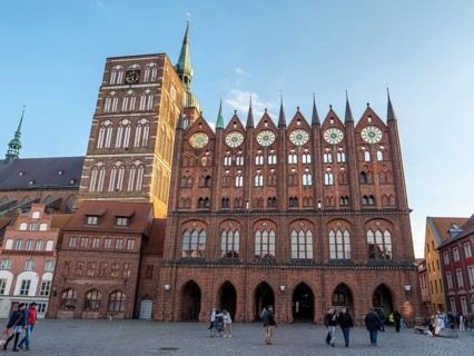 Gothic brick building Town Hall of the Hanseatic City of Stralsund at the Old Market