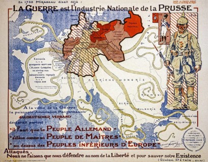 French vintage WWI propaganda map from 1917 showing German invasion as giant octopus during the First World War One