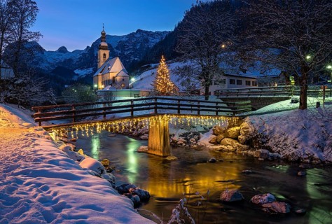 Winterly parish church St. Sebastian at blue hour