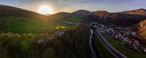 Ruined castle at sunset in the valley of the Birs