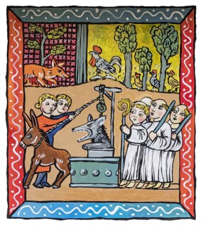Medieval illustration of the Reynard the Fox fable showing the wolf Isengrim