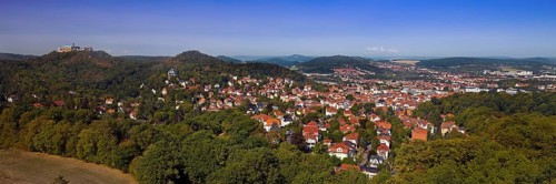 Panoramic view of Eisenach with the Thuringian Forest and Wartburg Castle from the Goepelskuppe