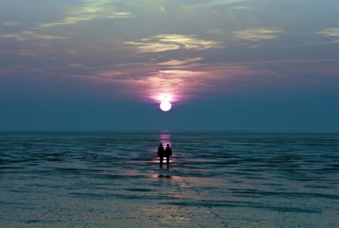 Two people at sunset in the Wadden Sea in Dorum Neufeld